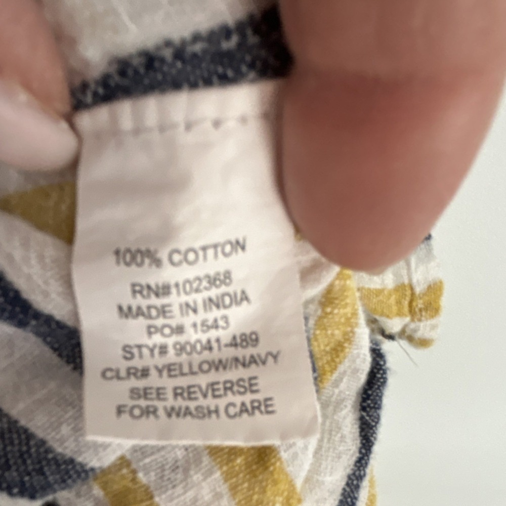 Blue Island Striped Cotton shirt Yellow/Navy/White Tie Closure, L - Picture 2 of 4